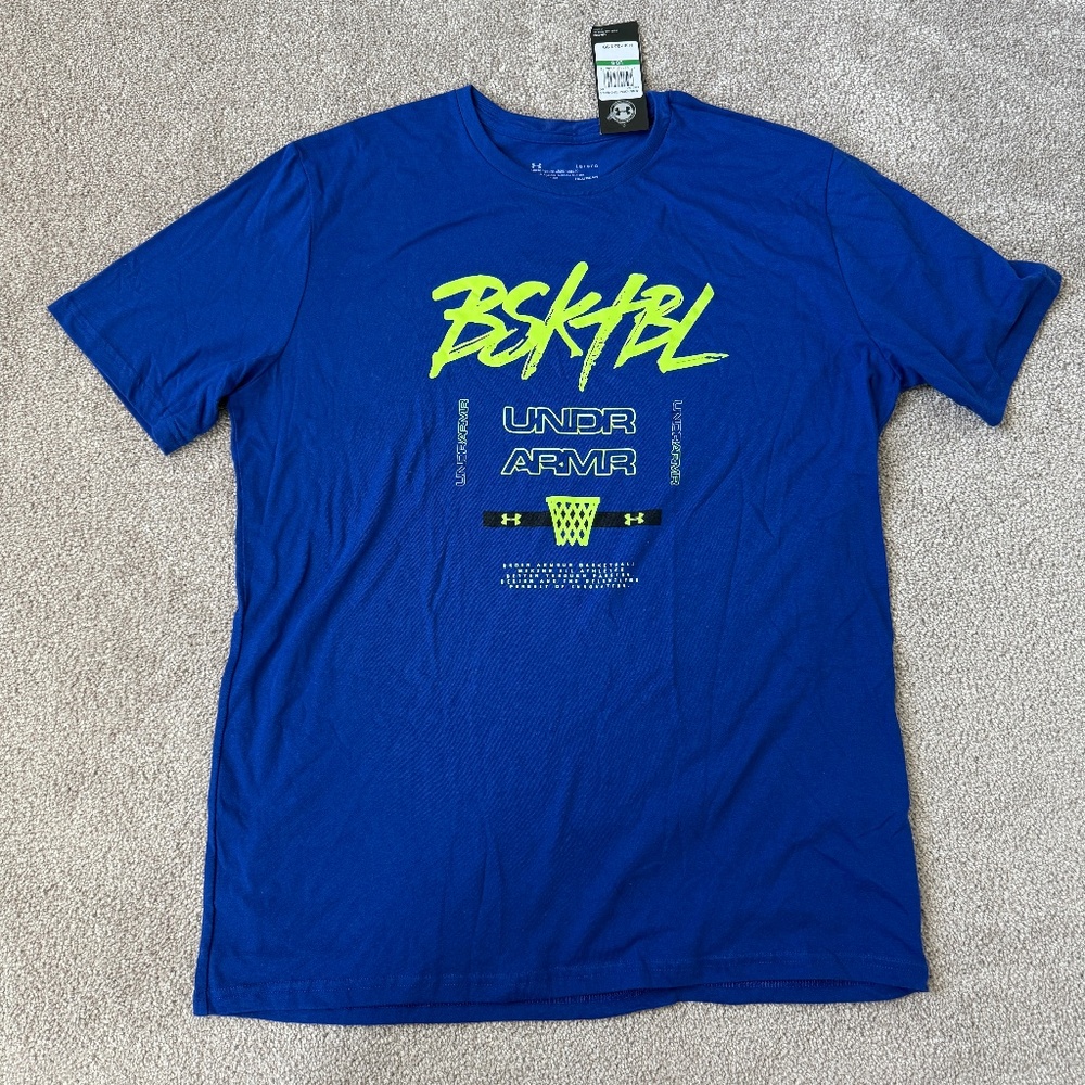 NWT Under Armour Men's Bsktbl Basketball Graphic Logo Blue Loose T-Shirt Size L